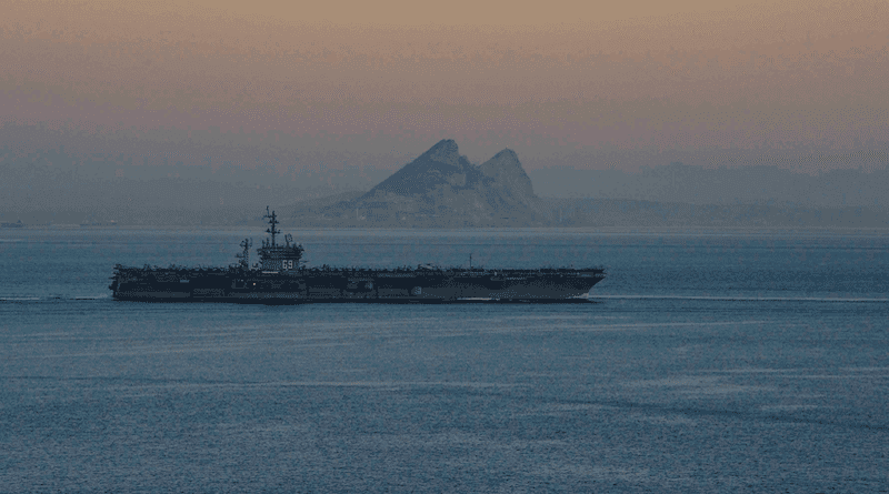 The USS Dwight D. Eisenhower Carrier Strike Group transits the Strait of Gibraltar, Oct. 28, 2023. Photo Credit: Navy Petty Officer 2nd Class Merissa Daley