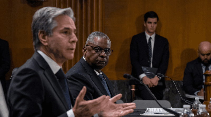 Defense Secretary Lloyd J. Austin III and Secretary of State Antony J. Blinken provide testimony at a Senate Appropriations Committee hearing on the National Security Supplemental Request in Washington, Oct. 31, 2023. Photo Credit: Navy Petty Officer 1st Class Alexander Kubitza