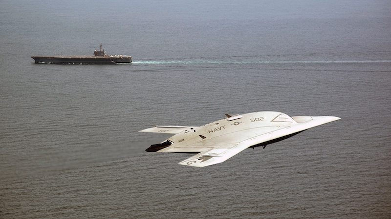 X-47B Unmanned Combat Air System demonstrator flies near aircraft carrier USS George H.W. Bush, May 14, 2013 (U.S. Navy/Erik Hildebrandt) drone