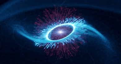 The researchers think that infrared light particles (photons) from the poles of the pulsar are boosted to gamma-ray energies (blue) by fast electrons. CREDIT: Science Communication Lab for DESY
