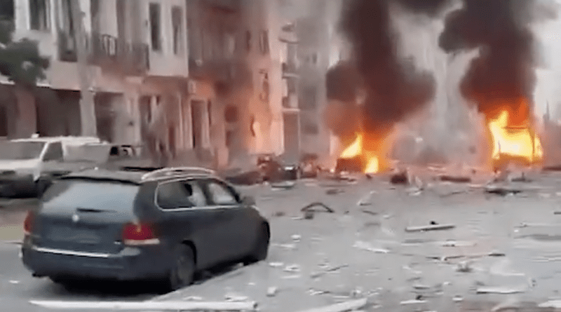 Aftermath of Russian attack on the center of Kharkiv. Photo Credit: Ukrainian Emergency Service video screenshot