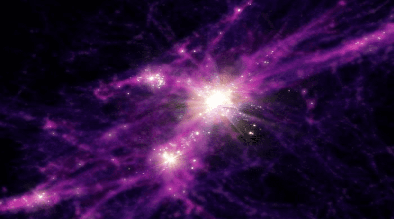Artist conception of early starbursting galaxies. The image is rendered from FIRE simulation data used for this research that can explain recent JWST results. Stars and galaxies are shown in the bright white points of light, while the more diffuse dark matter and gas are shown in purples and reds. CREDIT: Aaron M. Geller, Northwestern, CIERA + IT-RCDS