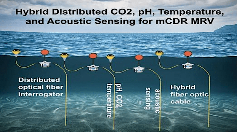 Multiparameter (pH, CO2, temperature, acoustics) distributed fiber sensors developed by Pitt, NETL, and OFS Optics will leverage Sofar Ocean Spotter buoys as a platform to create distributed carbon-sensing networks. (Sofar Ocean)