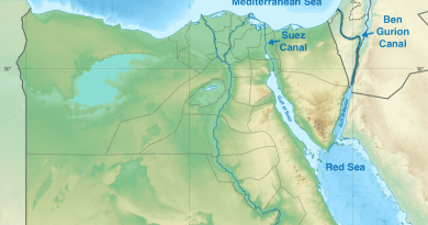 The Ben Gurion Canal compared to the Suez Canal. Credit: Wikipedia Commons