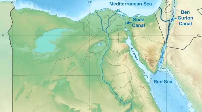 The Ben Gurion Canal compared to the Suez Canal. Credit: Wikipedia Commons