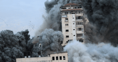 Destruction of the Palestine Tower in Gaza following an Israeli airstrike. Photo Credit: Palestinian News & Information Agency (Wafa), Wikipedia Commons