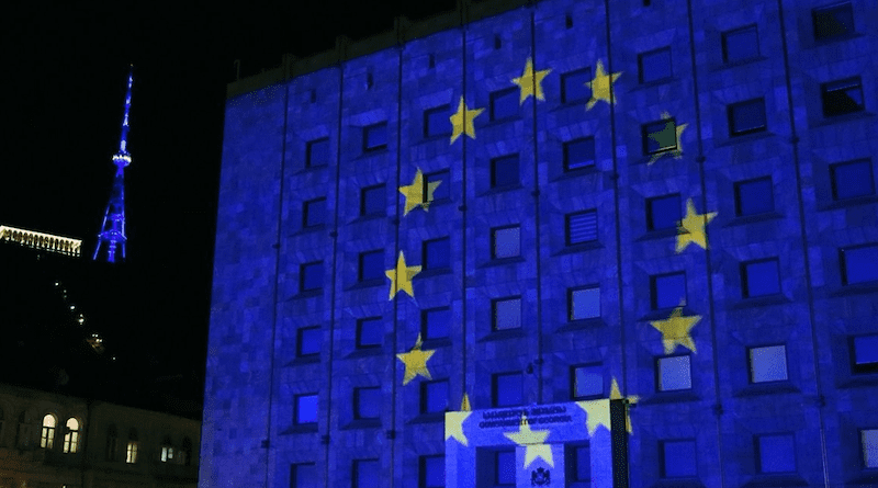Georgia's Government Administration Building illuminated in the colors of the EU flag. Photo Credit: Facebook; Georgian government