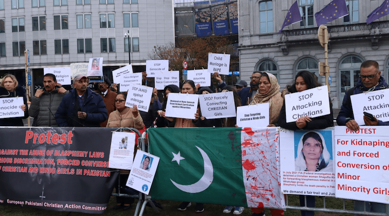 The European Pakistani Christian Action Committee stages a protest demonstration outside the European Parliament. (photo supplied)