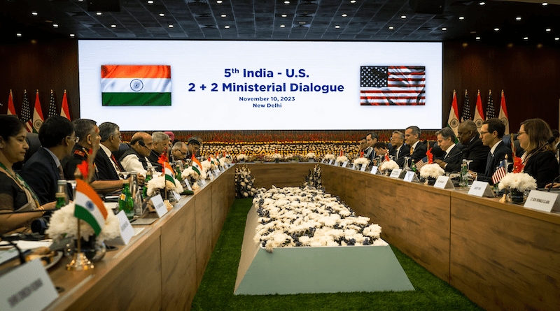 Secretary of Defense Lloyd J. Austin III, Secretary of State Antony J. Blinken, Indian Defense Minister Rajnath Singh and Indian Minister of External Affairs S. Jaishankar attend the fifth 2+2 Ministerial Dialogue in New Delhi, India, Nov. 10, 2023. Photo Credit: Chad J. McNeeley, DOD