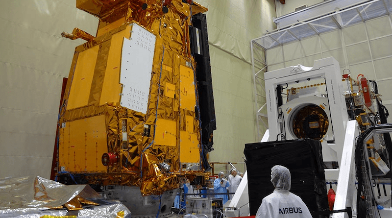 Two Metop-SG satellites: Metop-SGB in the forefront and Metop-SGA in the back, in the Airbus cleanroom