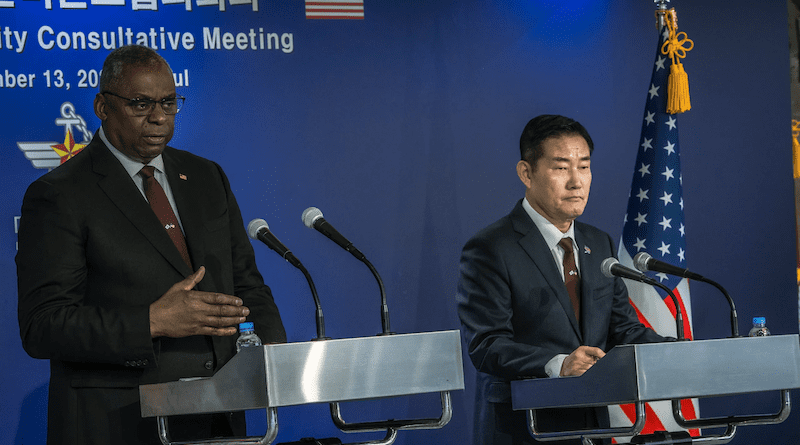 Secretary of Defense Lloyd J. Austin III and South Korean Minister of National Defense Shin Won-sik answer questions during a news conference at the conclusion of the U.S.-ROK Security Consultative Meeting in Seoul, South Korea, Nov. 13, 2023. Photo Credit: Chad J. McNeeley, DOD