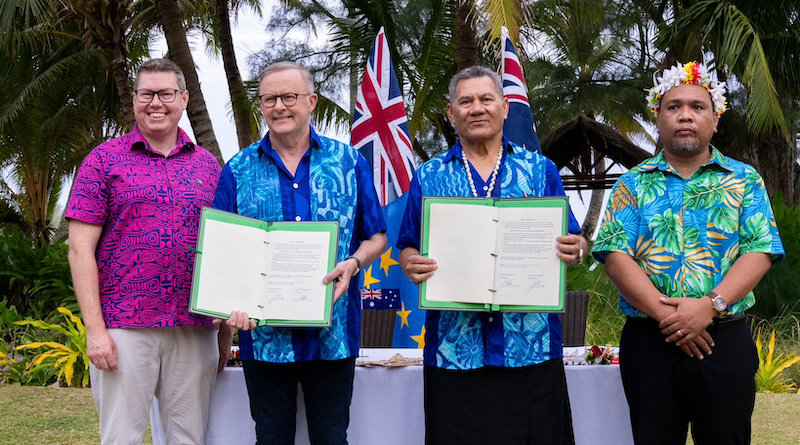 Australia's Prime Minister Anthony Albanese with Tuvalu's Prime Minister Kausea Natano after signing the ‘Falepili Union’ treaty. Photo Credit: Anthony Albanese, X