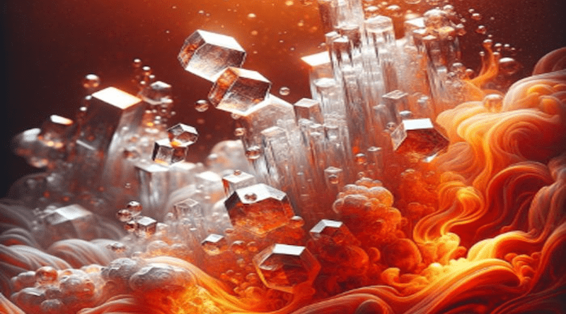 Illustration of silica crystals coming out from the liquid metal of the Earth's outer core due to a water-induced chemical reaction. CREDIT: Dan Shim/ASU