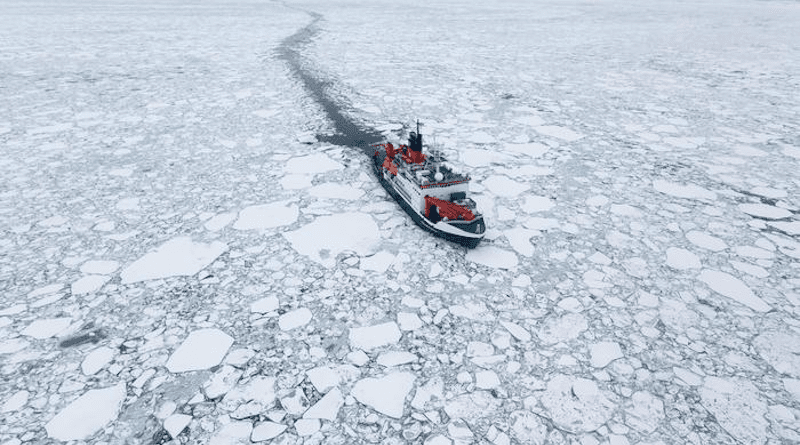 German research ship Polarstern amid Arctic sea ice CREDIT: Alfred-Wegener-Institut. Source: https://multimedia.awi.de/mosaic/#1699635434973_1
