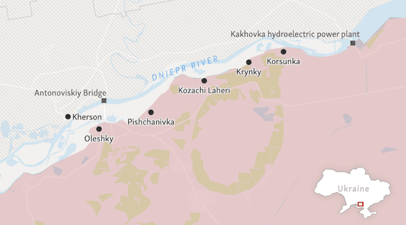 Areas of control on the Dnieper River near Kherson, Ukraine. Russian-controlled areas in pine. Credit: RFE/RL Source: Deepstatemap.live