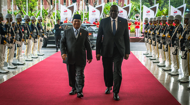 Secretary of Defense Lloyd J. Austin III and Indonesian Defense Minister Prabowo Subianto arrive at the Association of Southeast Asian Nations Defense Ministers’ Meeting-Plus in Jakarta, Indonesia, Nov. 15, 2023. Photo Credit: Chad McNeeley, DOD