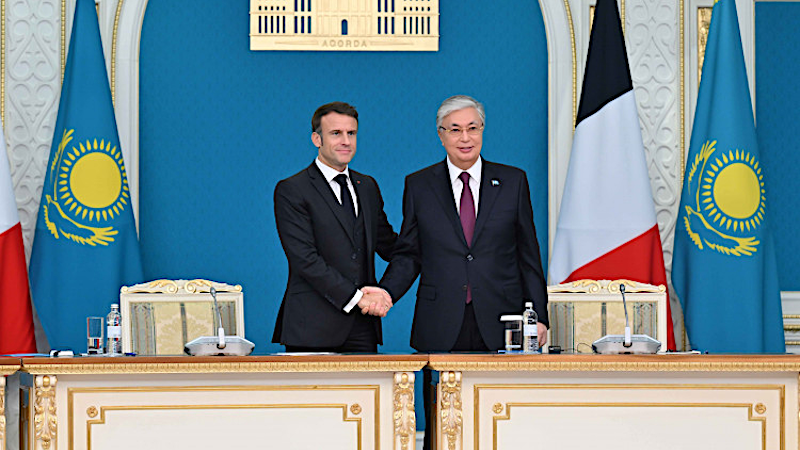 France’s President Emmanuel Macron with Kazakhstan’s President Kassym-Jomart Tokayev. Photo Credit: akorda.kz