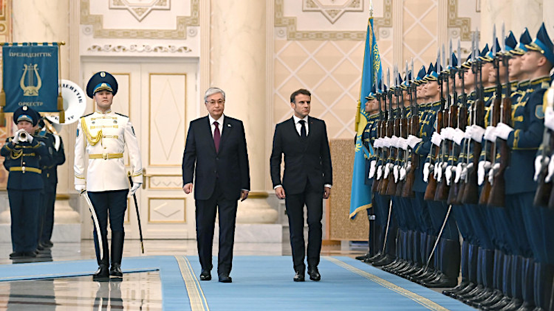 Kazakhstan's President Kassym-Jomart Tokayev with France's President Emmanuel Macron in Astana. Photo Credit: akorda.kz