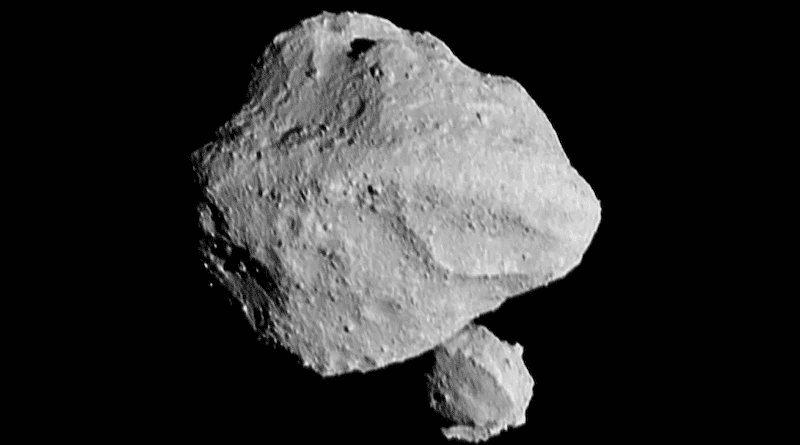 This image shows the “moonrise” of the satellite as it emerges from behind asteroid Dinkinesh as seen by the Lucy Long-Range Reconnaissance Imager (L’LORRI), one of the most detailed images returned by NASA’s Lucy spacecraft during its flyby of the asteroid binary. This image was taken at 12:55 p.m. EDT (1655 UTC) Nov. 1, 2023, within a minute of closest approach, from a range of approximately 270 miles (430 km). From this perspective, the satellite is behind the primary asteroid. The image has been sharpened and processed to enhance contrast. CREDIT: NASA/Goddard/SwRI/Johns Hopkins APL/NOAO