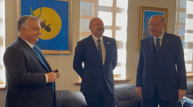 Viktor Orban, Azerbaijan's Ilham Aliyev and Turkey's Recep Tayyip Erdogan in Astana, at the Organisation of Turkic States summit. Photo Credit: X, formerly Twitter