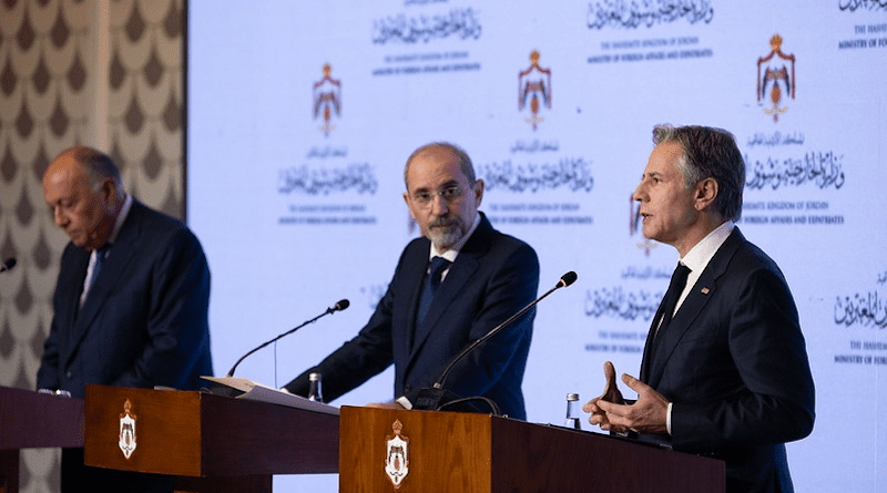 Secretary Antony J. Blinken, Egyptian Foreign Minister Sameh Shoukry and Jordanian Deputy Prime Minister and Foreign Minister Ayman Safadi attend a press conference in Amman, Jordan, November 4, 2023. (Official State Department photo by Chuck Kennedy)
