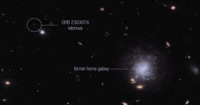 This image from Webb’s NIRCam (Near-Infrared Camera) instrument highlights GRB 230307A’s kilonova and its former home galaxy among their local environment of other galaxies and foreground stars. The neutron stars were kicked out of their home galaxy and traveled the distance of about 120,000 light-years, approximately the diameter of the Milky Way galaxy, before finally merging several hundred million years later. CREDIT: NASA, ESA, CSA, STScI, Andrew Levan (IMAPP, Warw)