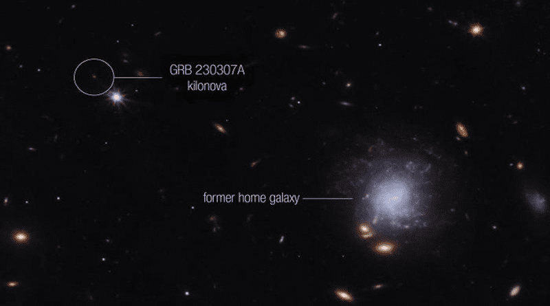 This image from Webb’s NIRCam (Near-Infrared Camera) instrument highlights GRB 230307A’s kilonova and its former home galaxy among their local environment of other galaxies and foreground stars. The neutron stars were kicked out of their home galaxy and traveled the distance of about 120,000 light-years, approximately the diameter of the Milky Way galaxy, before finally merging several hundred million years later. CREDIT: NASA, ESA, CSA, STScI, Andrew Levan (IMAPP, Warw)