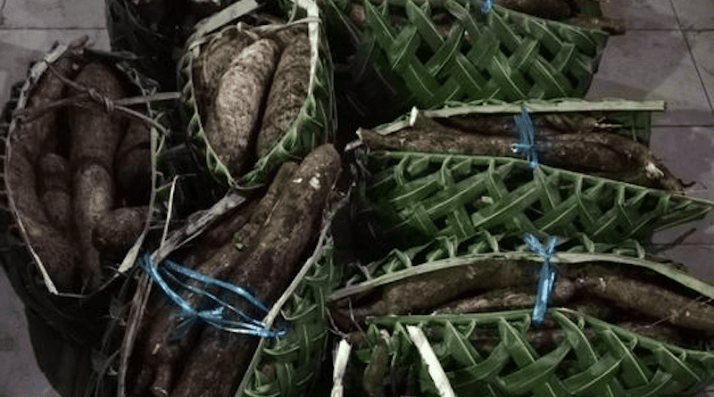 Yams in baskets for sale at the Port Vila markets, Vanuatu 2018 Image Credit: Ross Westoby, Griffith University Climate Action Beacon.