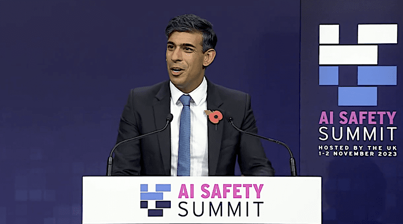 British Prime Minister Rishi Sunak at the AI Safety Summit at Bletchley Park. Photo Credit: UK PM video screenshot