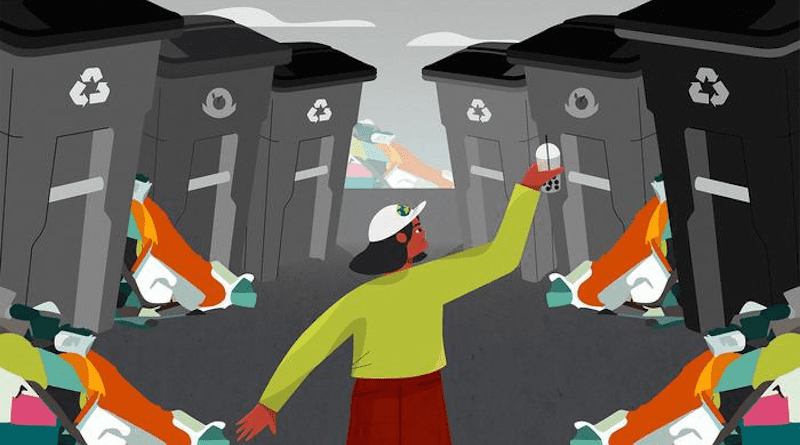 An illustration showcasing the difficulty of correctly sorting plastic and plastic-like materials. CREDIT: Jenny Nuss/Berkeley Lab