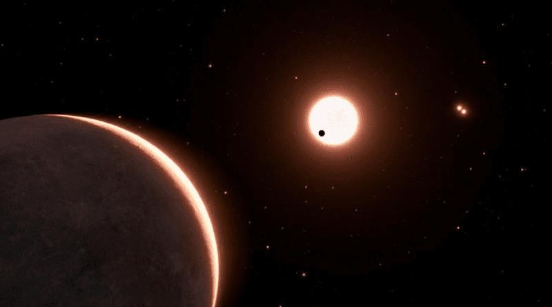 This is an artist's concept of the nearby exoplanet LTT 1445Ac, which is the size of Earth. The planet orbits a red dwarf star. The star is in a triple system, with two closely orbiting red dwarfs seen at upper right. The black dot in front of the bright light-red sphere at image center is planet LTT 1445Ac transiting the face of the star. The planet has a surface temperature of roughly 500 degrees Fahrenheit. In the foreground at lower left is another planet in the system, LTT 1445Ab. The view is from 22 light-years away, looking back toward our Sun, which is the bright dot at lower right. Some of the background stars are part of the constellation Boötes. CREDIT: NASA, ESA, Leah Hustak (STScI)