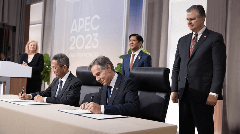 Secretary Antony J. Blinken and Philippines Department of Energy Secretary Lotilla participate in the Philippines 123 Signing Ceremony in San Francisco, California, November 16, 2023. Looking on is Philippines President Ferdinand R. Marcos, Jr., left, and U.S. Assistant Secretary Daniel J. Kritenbrink. (Official State Department photo by Chuck Kennedy)