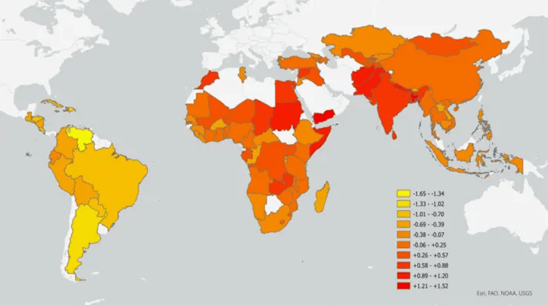 Darker orange-colored countries have relatively high climate–agriculture–gender inequality hotspot index values; therefore face higher risk. Lighter orange-colored countries have relatively low climate–agriculture–gender inequality hotspot index values; therefore face lower risk. LMICs with a white color have not been ranked due to data limitations. CREDIT Copyright: © 2023 Lecoutere, Mishra, Singaraju, Koo, Azzarri, Chanana, Nico and Puskur
