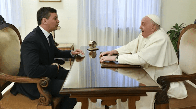 The Vatican released photos of Pope Francis' meeting with Paraguayan President Santiago Peña on Nov. 27, 2023 as the pope recovers from the flu. Photo Credit: Vatican Media