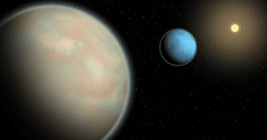 An illustration of two water-rich exoplanets with hazy atmospheres. CREDIT: Roberto Molar Candanosa/Johns Hopkins University.