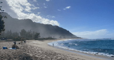 Plumes of sea salt aerosol entering the Ko'olau Mountains from a large swell on North Shore. CREDIT: Katie Ackerman