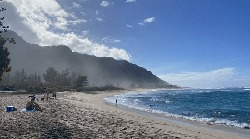 Plumes of sea salt aerosol entering the Ko'olau Mountains from a large swell on North Shore. CREDIT: Katie Ackerman