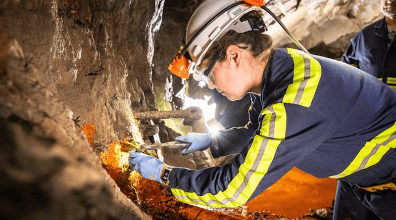 Prof. Magdalena Osburn removes a sample during a site visit in August. CREDIT: Sanford Underground Research Facility