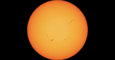 Image from the Solar Dynamics Observatory mission of the solar disk with multiple sunspots, which appear dark compared with their surroundings. CREDIT: HMI/SDO/NASA