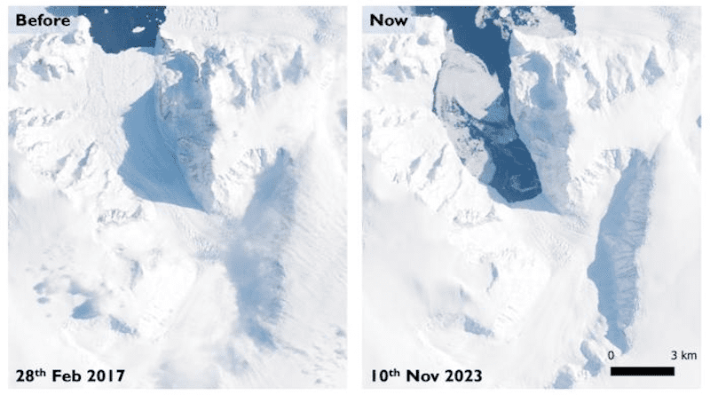 The Cadman Glacier before and after the collapse of the ice shelf. The image on the left was taken in 2017 and shows the ice shelf. An image taken this month, on the right, shows the loss of the ice shelf. CREDIT European Commission, European Space Agency, Copernicus Sentinel-2 Data, Benjamin Wallis