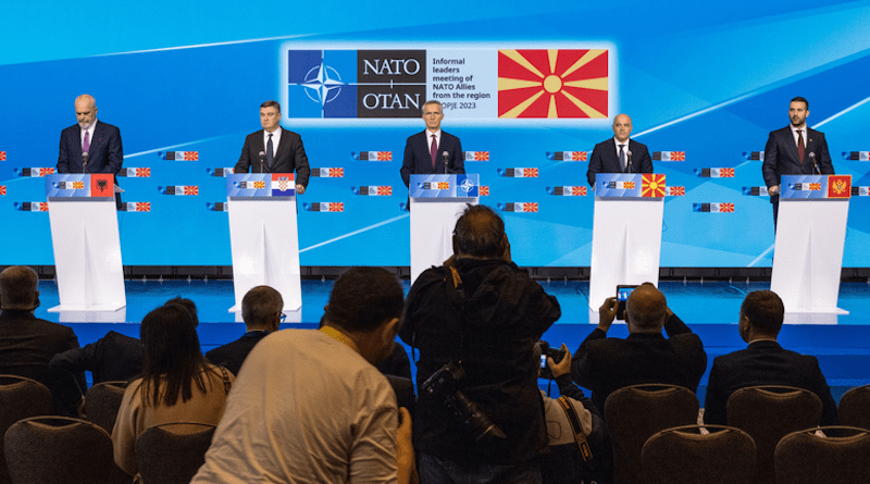 NATO Secretary General Jens Stoltenberg with Prime Minister Dimitar Kovačevski of North Macedonia, Prime Minister Edi Rama of Albania, President Zoran Milanović of Croatia, and Prime Minister Milojko Spajić of Montenegro. Photo Credit: NATO