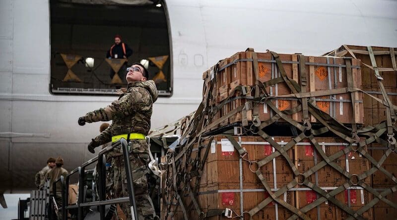 File photo of an airman attached to the 436th Aerial Port Squadron loading cargo during a Ukraine security assistance mission at Dover Air Force Base, Del. Photo Credit: Air Force Staff Sgt. Marco A. Gomez