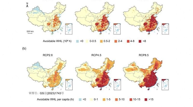 a, Total avoidable WHL. b, Avoidable WHL per capita. WHL: work hours lost. h：hour. CREDIT: ©Science China Press
