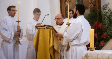 Father Gabriel Romanelli (center), the Latin parish priest of Gaza, is among the celebrants at a Mass to celebrate the feast day of Our Lady, Queen of Palestine and the Holy Land at the shrine dedicated to her at Deir Rafat on Sunday, Oct. 29, 2023. | Credit: Marinella Bandini, CNA