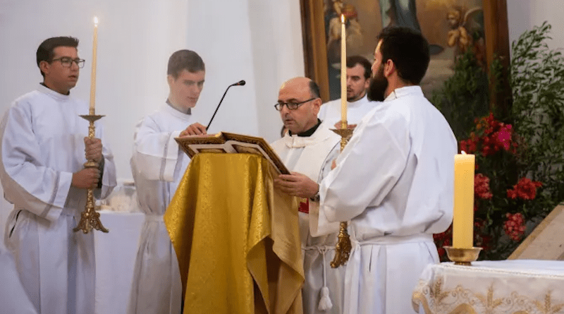 Father Gabriel Romanelli (center), the Latin parish priest of Gaza, is among the celebrants at a Mass to celebrate the feast day of Our Lady, Queen of Palestine and the Holy Land at the shrine dedicated to her at Deir Rafat on Sunday, Oct. 29, 2023. | Credit: Marinella Bandini, CNA