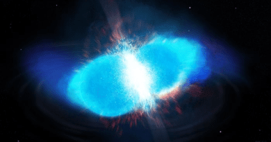 The merger of two neutron stars is among the leading candidate sites for synthesizing the heavier elements on the periodic table through the rapid-neutron-capture process. The image shows two neutron stars colliding to releasing neutrons that radioactive nuclei rapidly capture. The combination of neutron capture and radioactive decay produces subsequently heavier elements. The entire process is believed to happen in a single second. Credit: Los Alamos National Laboratory (Matthew Mumpower)