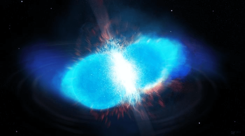 The merger of two neutron stars is among the leading candidate sites for synthesizing the heavier elements on the periodic table through the rapid-neutron-capture process. The image shows two neutron stars colliding to releasing neutrons that radioactive nuclei rapidly capture. The combination of neutron capture and radioactive decay produces subsequently heavier elements. The entire process is believed to happen in a single second. Credit: Los Alamos National Laboratory (Matthew Mumpower)