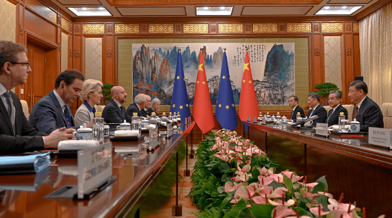 President of the European Commission Ursula von der Leyen (L), President of the European Council Charles Michel (2-L) and High Representative of the European Union for Foreign Affairs and Security Policy Josep Borrell (3-L) during a meeting with Chinese President Xi Jinping (R) in Beijing, China, 07 December 2023. Photo Credit: European Union