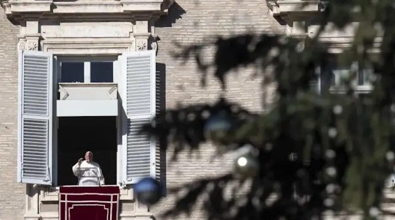 Pope Francis waves to pilgrims during his Angelus address on Dec. 17, 2023. | Credit: Vatican Media