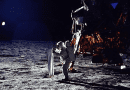 U.S. astronaut Buzz Aldrin erects solar wind experiment. CREDIT: NASA